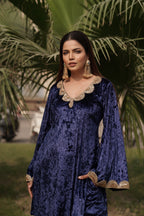Navdana Velvet Blue Co-ord Set With Sequin Lace- GARIMA
