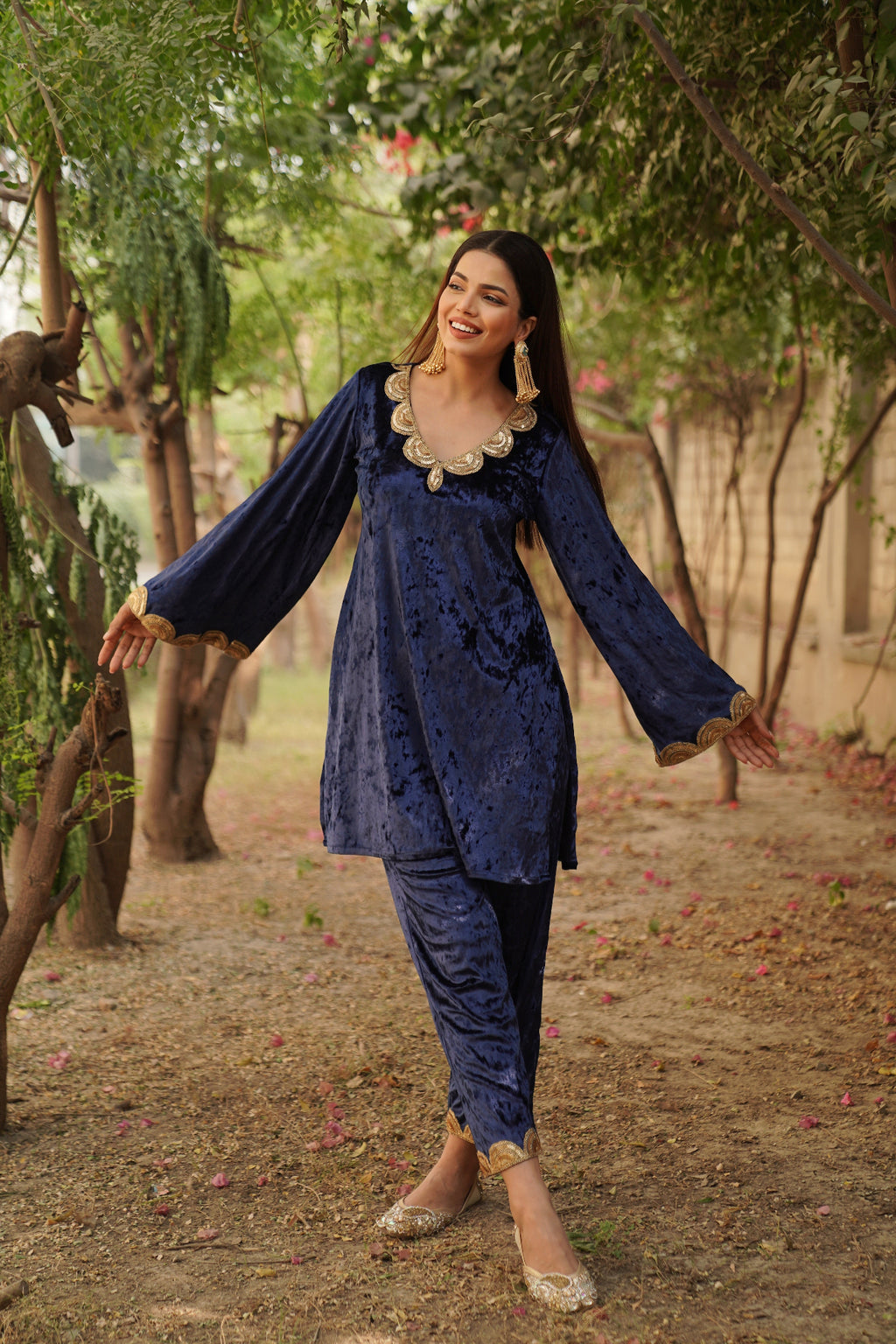 Navdana Velvet Blue Co-ord Set With Sequin Lace- GARIMA