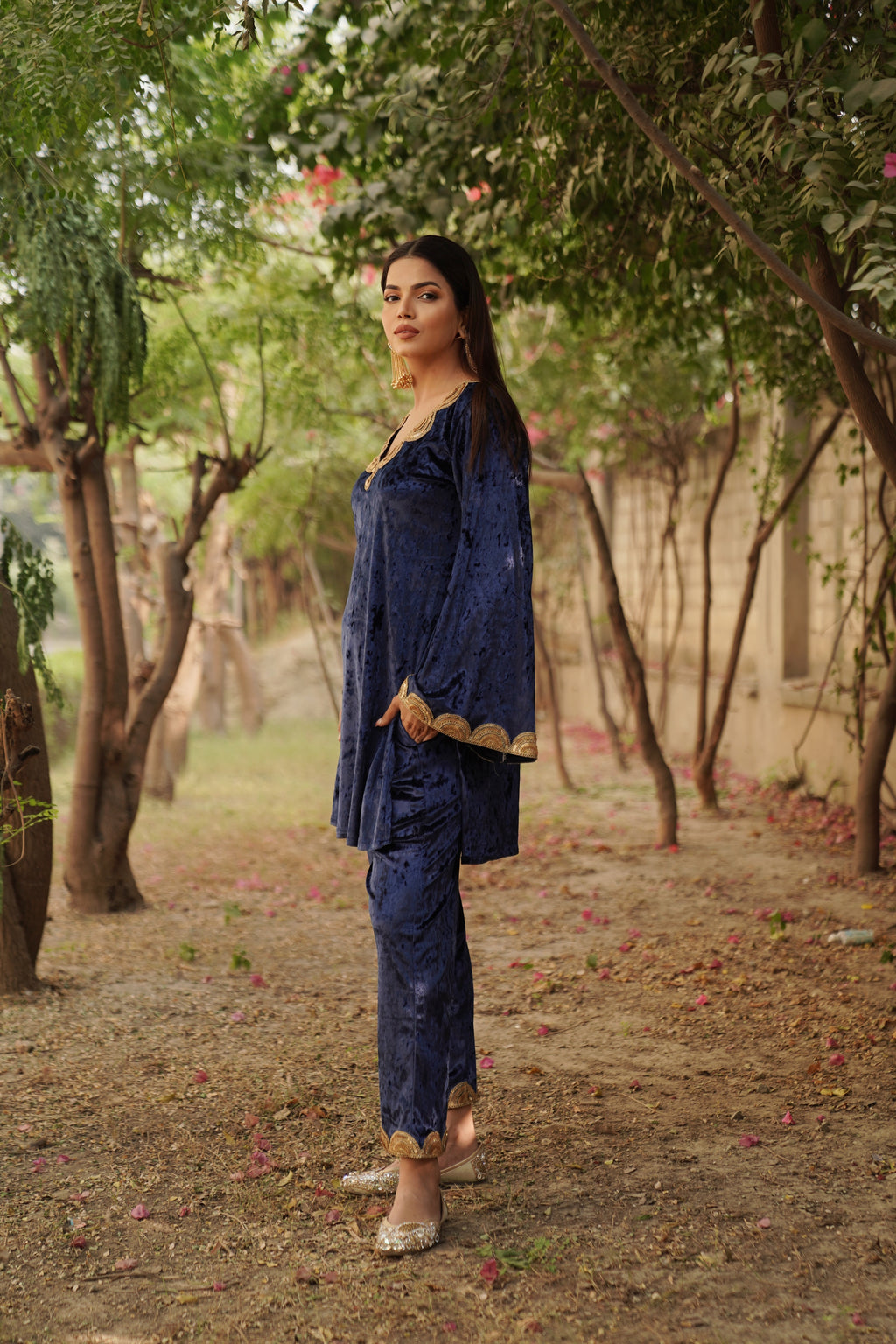 Navdana Velvet Blue Co-ord Set With Sequin Lace- GARIMA
