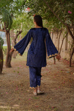 Navdana Velvet Blue Co-ord Set With Sequin Lace- GARIMA