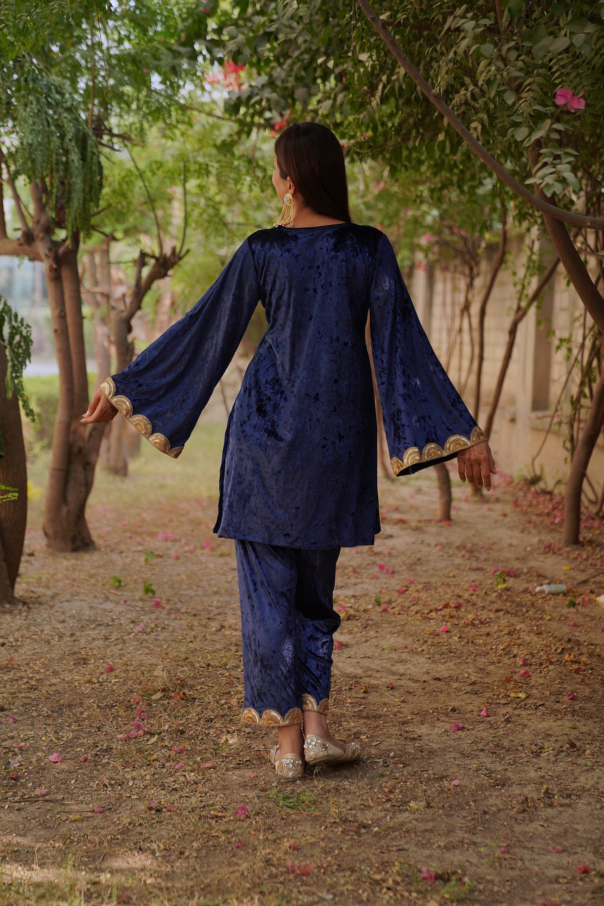 Navdana Velvet Blue Co-ord Set With Sequin Lace- GARIMA