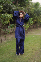 Navdana Velvet Blue Long Top With Belts and Pants Set - RIYA