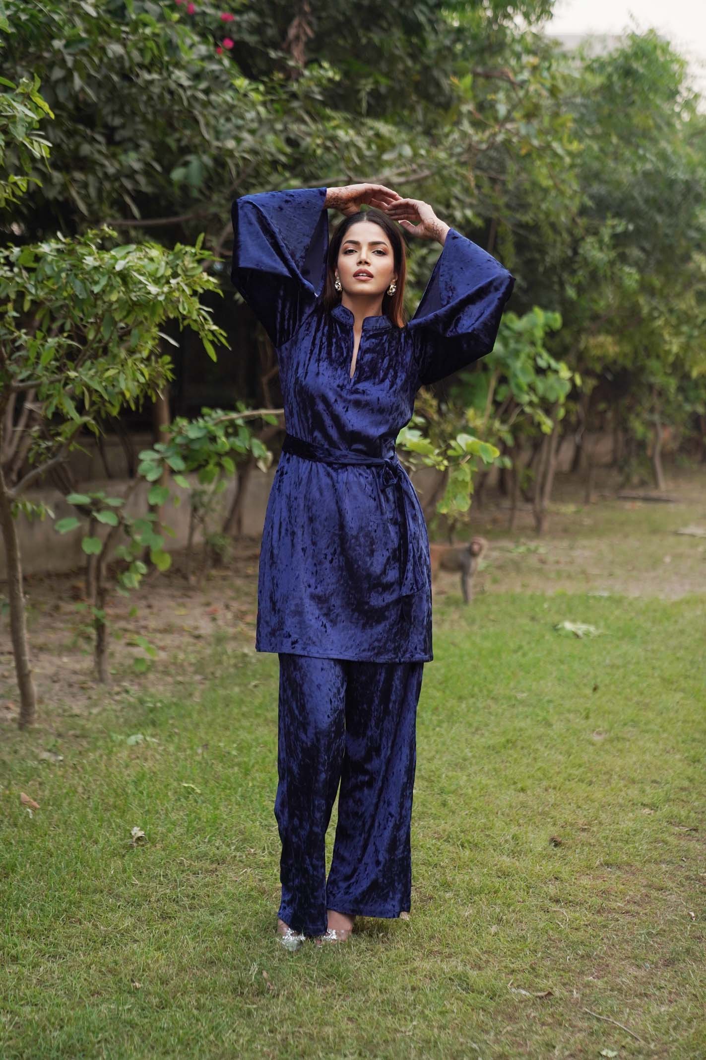 Navdana Velvet Blue Long Top With Belts and Pants Set - RIYA