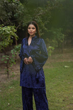 Navdana Velvet Blue Long Top With Belts and Pants Set - RIYA