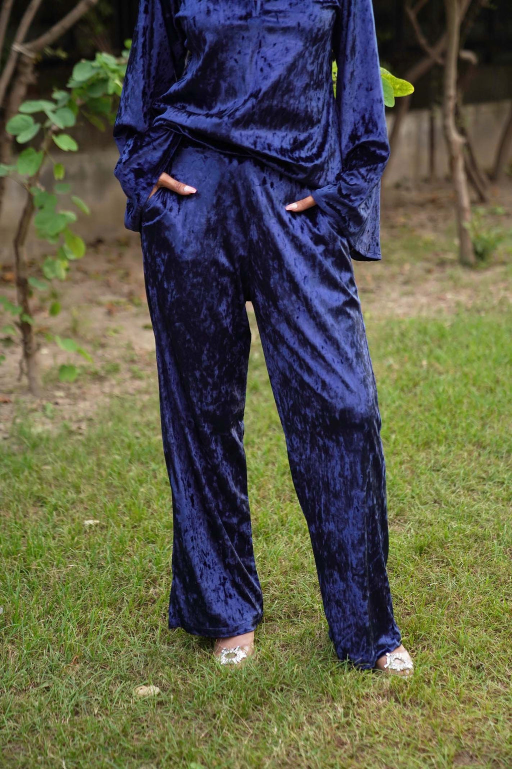 Navdana Velvet Blue Long Top With Belts and Pants Set - RIYA