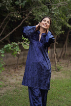 Navdana Velvet Blue Long Top With Belts and Pants Set - RIYA