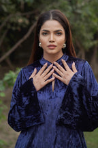 Navdana Velvet Blue Long Top With Belts and Pants Set - RIYA