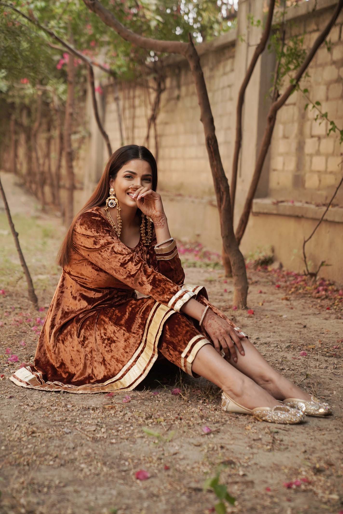 Navdana Copper Gota Lace Kurta Set With Corset Back - MEHER