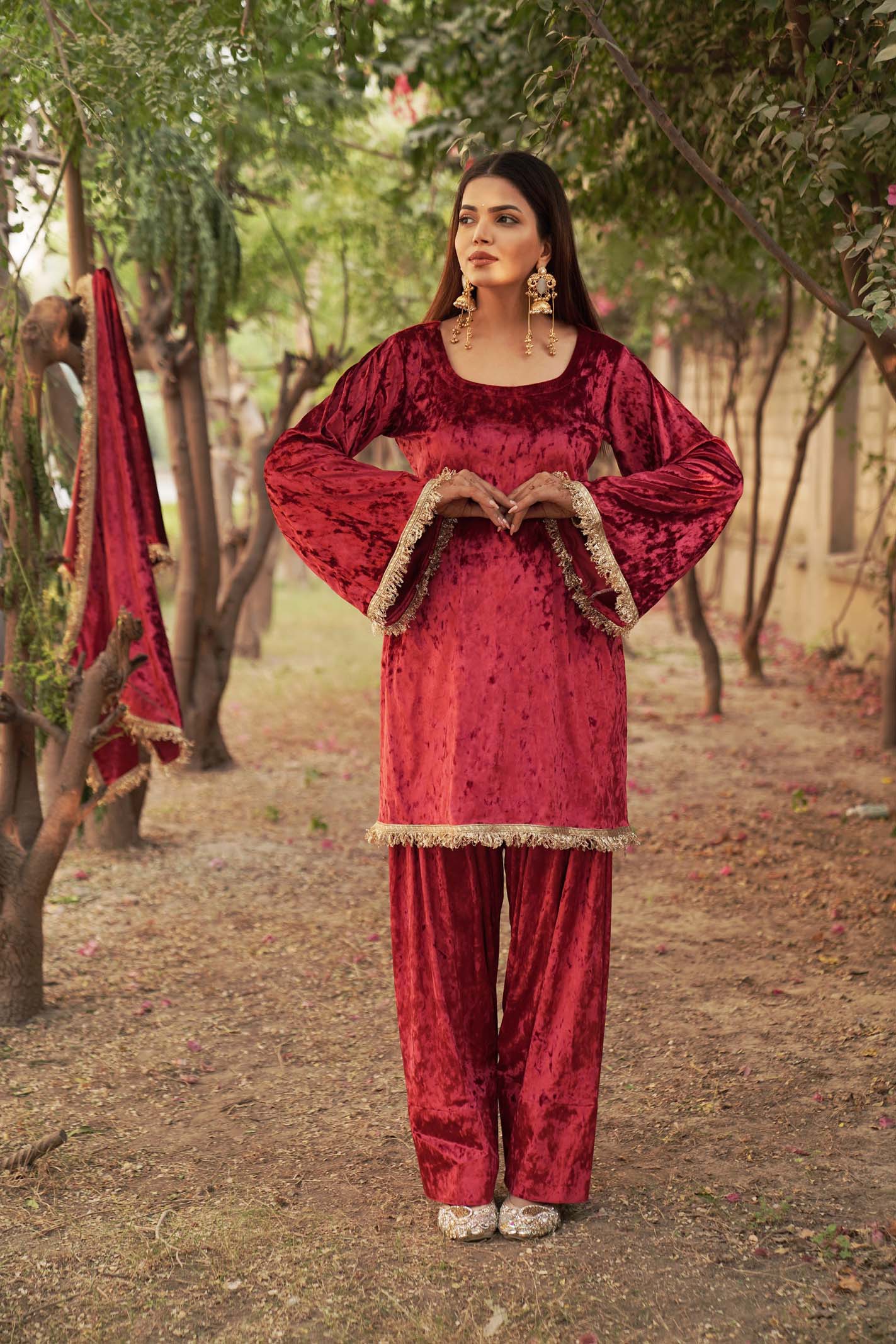 Navdana Red Velvet Kurta Set With Farshi Salwar and Dupatta - SIMRAN
