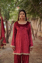 Navdana Red Velvet Kurta Set With Farshi Salwar and Dupatta - SIMRAN