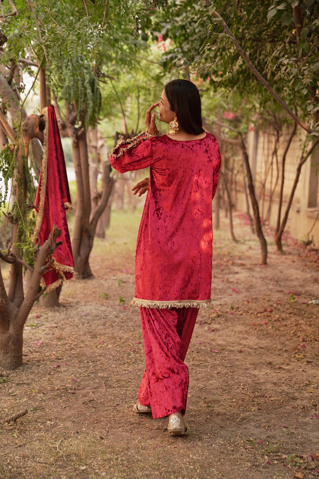 Navdana Red Velvet Kurta Set With Farshi Salwar and Dupatta - SIMRAN