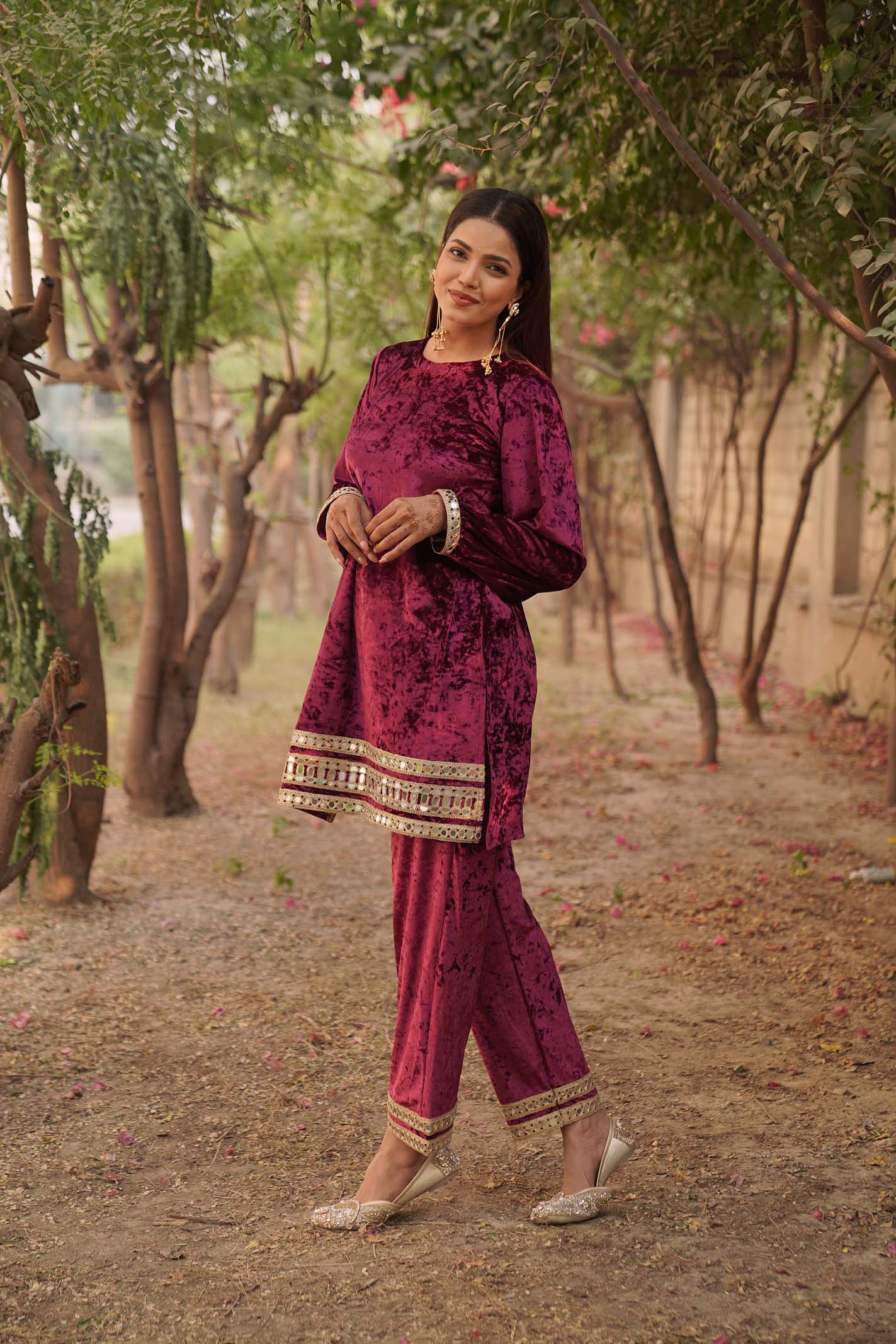 Navdana Pink Velvet Mirror Kurta with Pants - JUHI