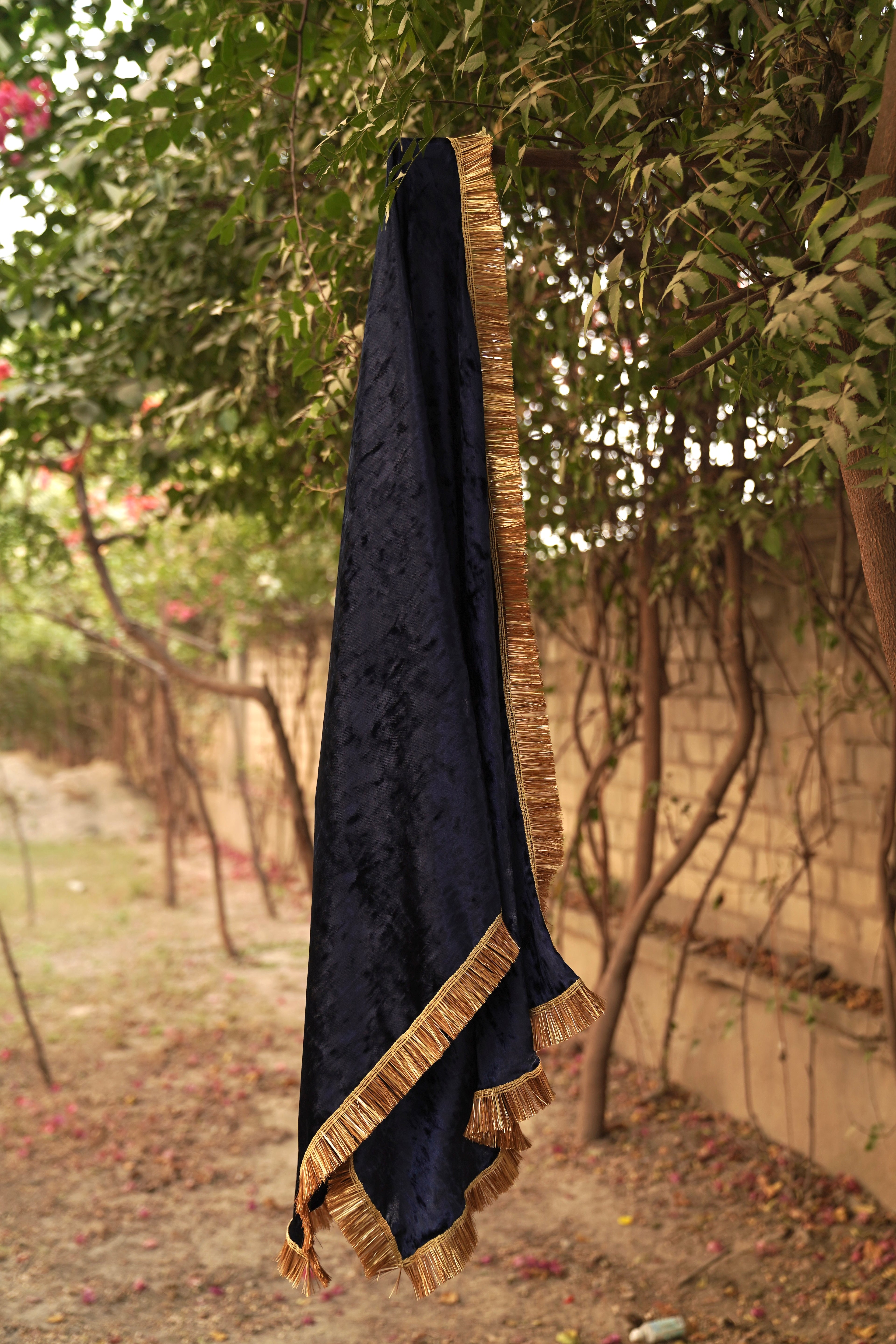 Navdana Blue Velvet Dupatta with Rajasthani Kiran Lace Border - Kiran