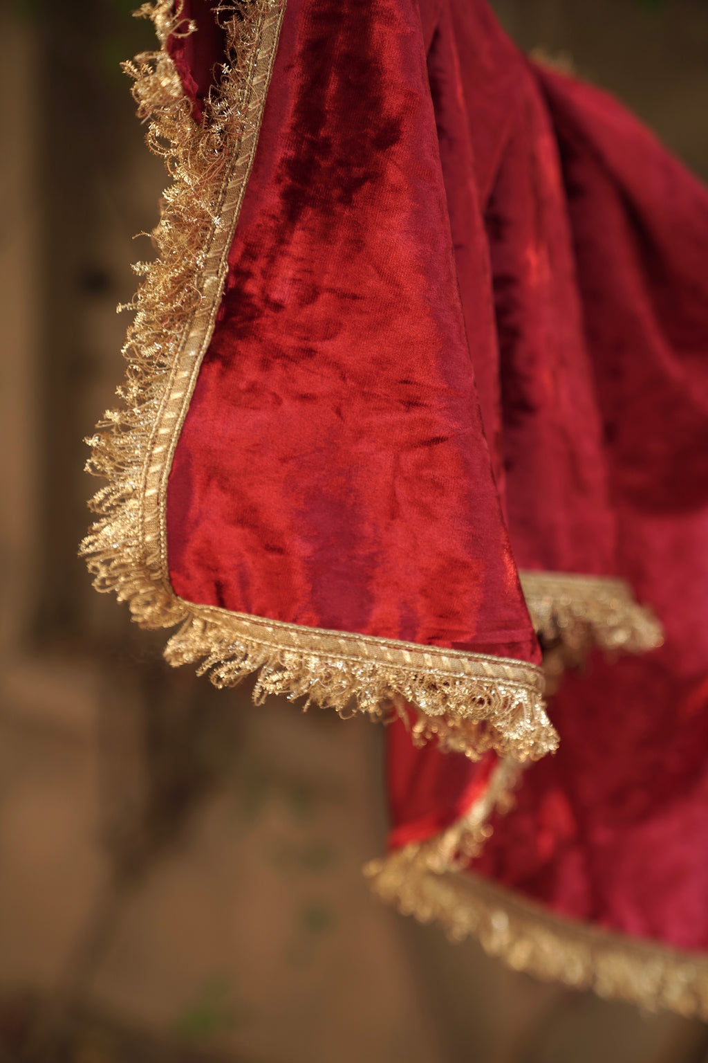 Navdana Red Velvet Curled Lace Border Dupatta - Noori