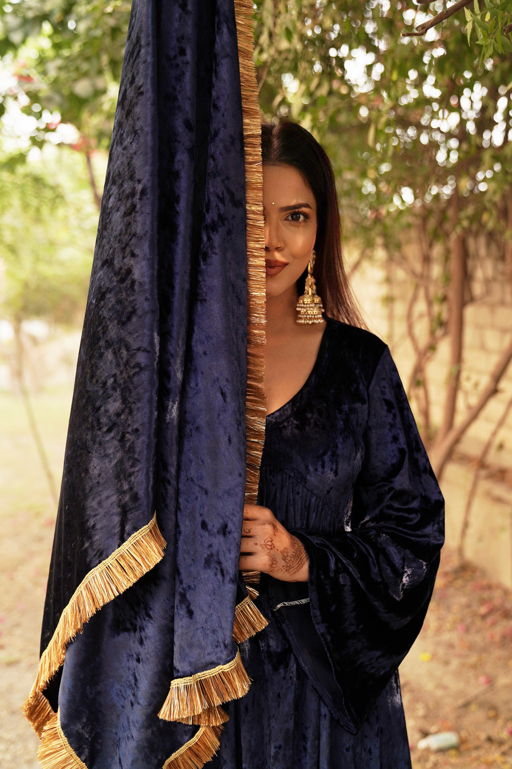 Navdana Blue Velvet Dupatta with Rajasthani Kiran Lace Border - Kiran
