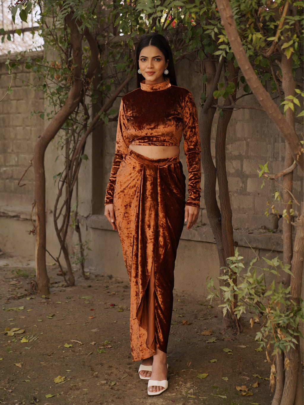 Navdana Velvet Full Sleeves Top & Drape Copper Skirt Set – Riri