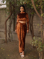 Navdana Velvet Full Sleeves Top & Drape Copper Skirt Set – Riri
