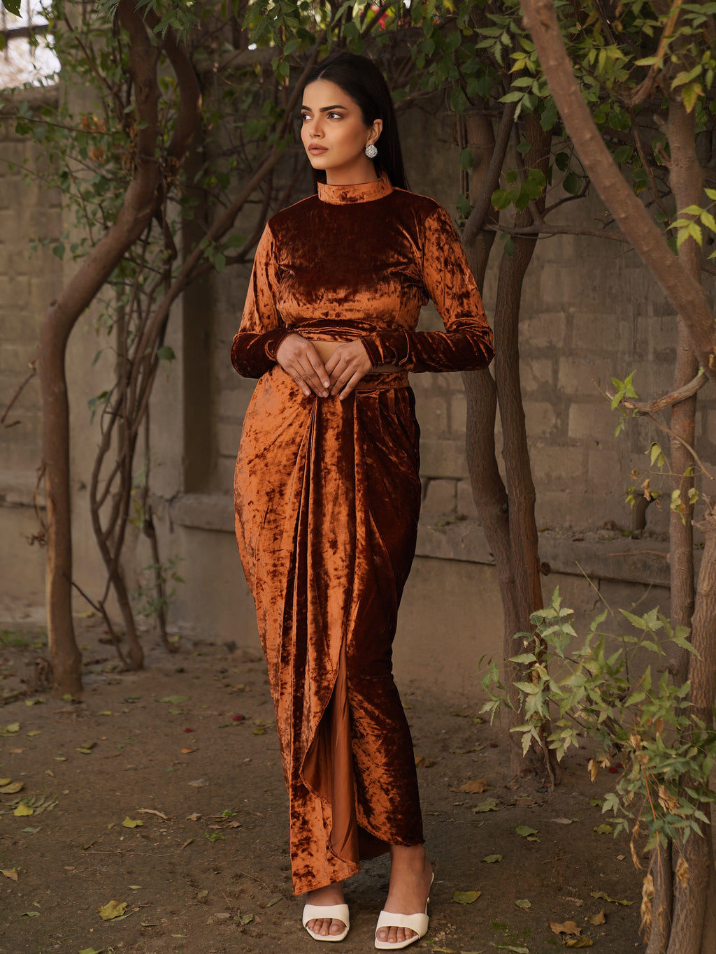 Navdana Velvet Full Sleeves Top & Drape Copper Skirt Set – Riri