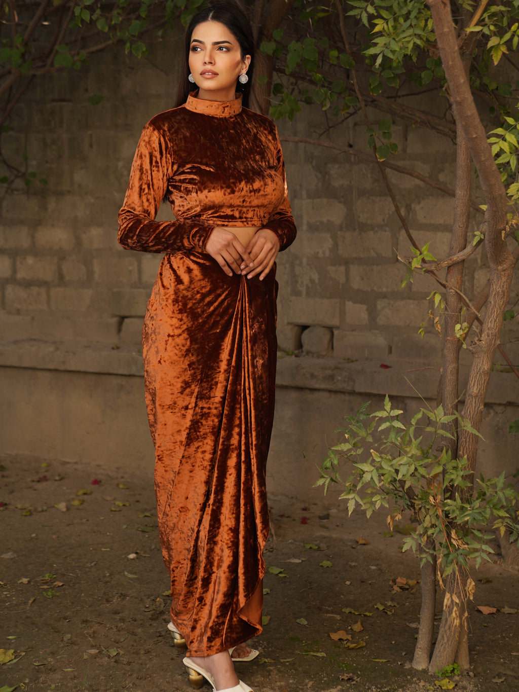 Navdana Velvet Full Sleeves Top & Drape Copper Skirt Set – Riri