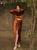 Navdana Velvet Full Sleeves Top & Drape Copper Skirt Set – Riri