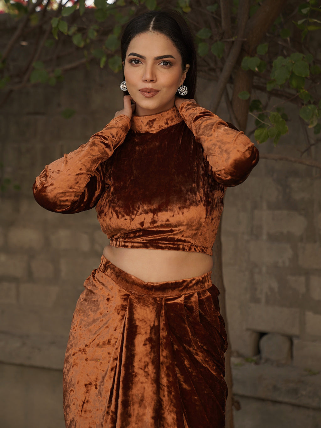 Navdana Velvet Full Sleeves Top & Drape Copper Skirt Set – Riri