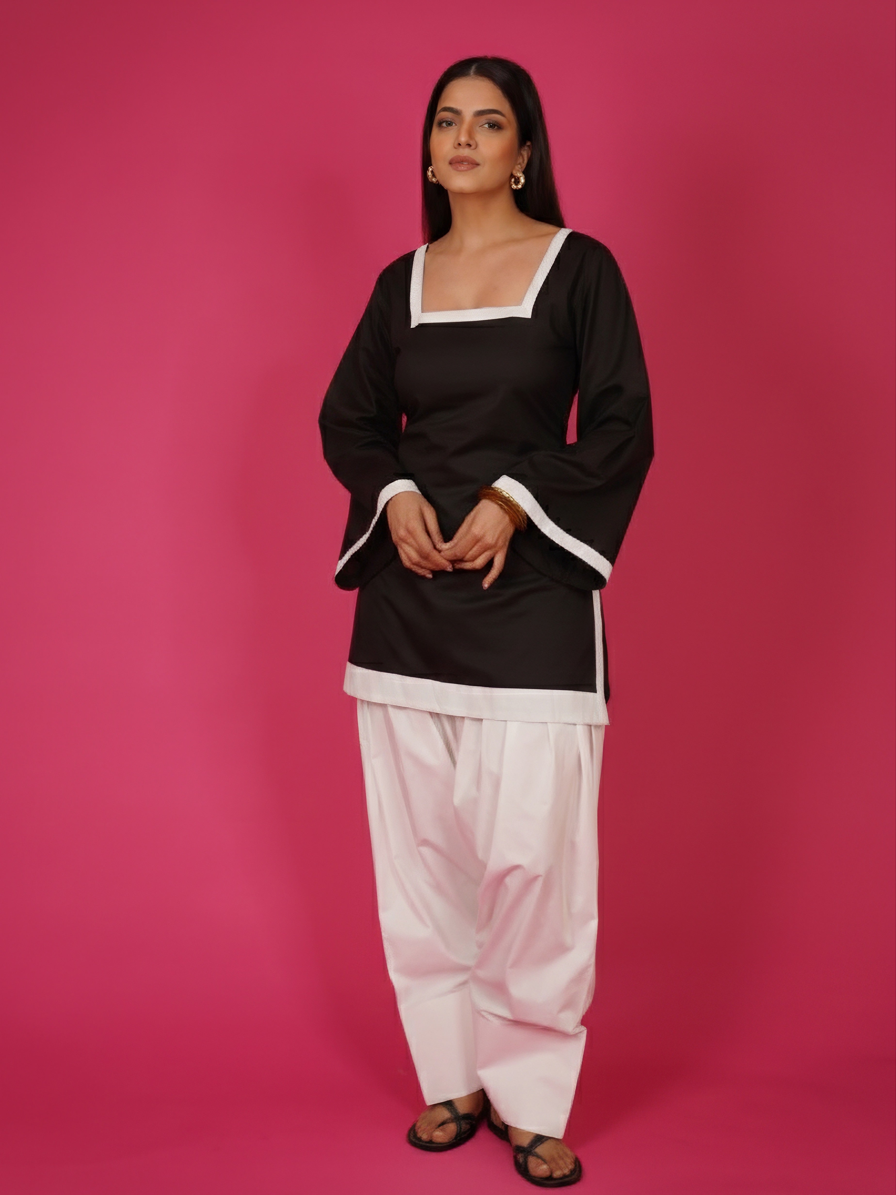 Navdana Black Corset Back Flared Sleeves Everyday Cotton Kurti – Mira