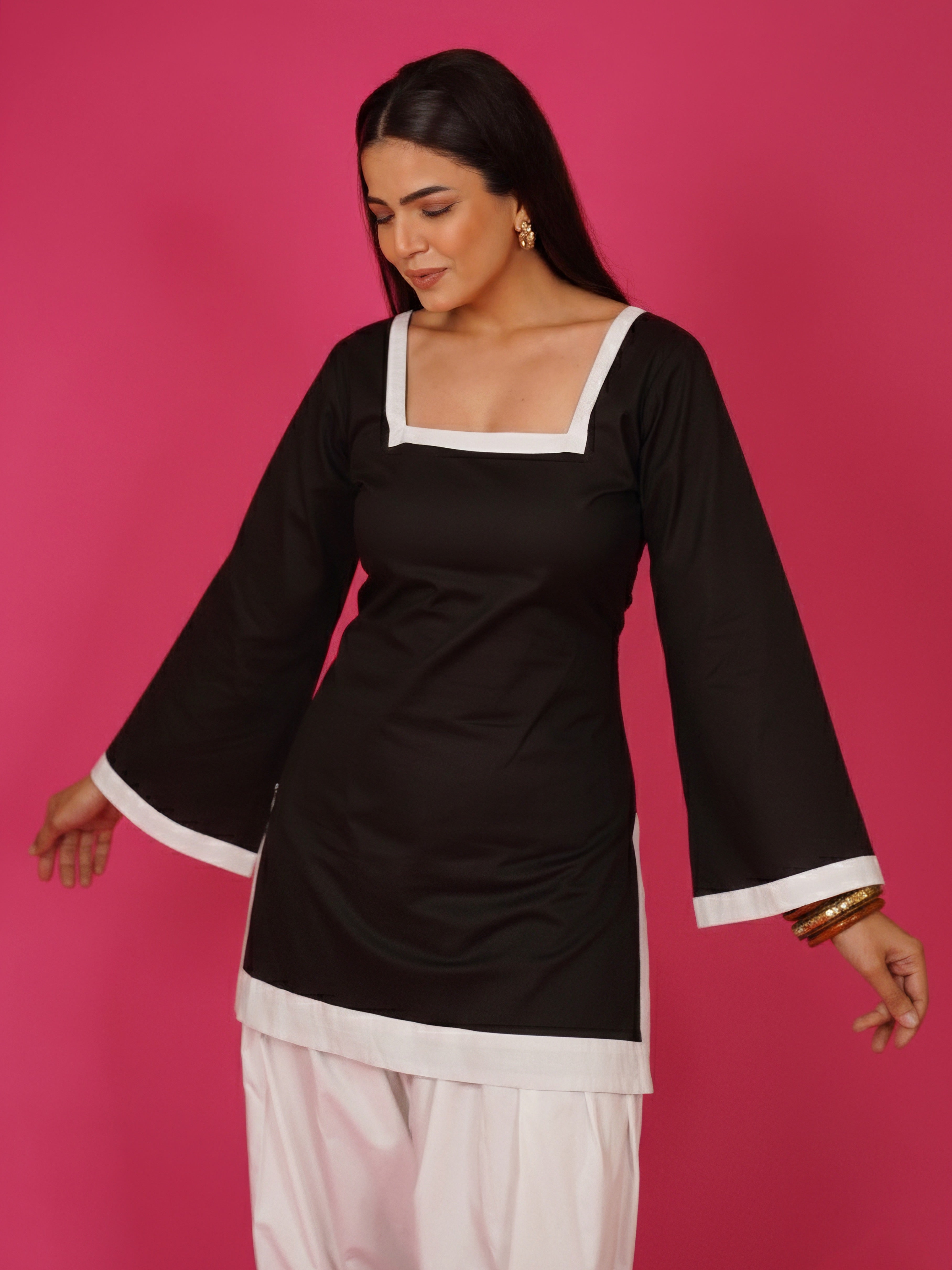Navdana Black Corset Back Flared Sleeves Everyday Cotton Kurti – Mira