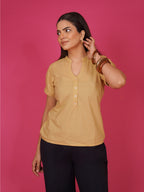 Navdana Beige Buttoned V Neck Cotton Top – Rana