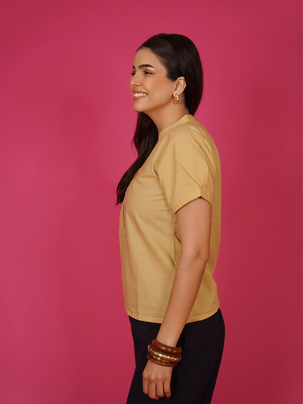 Navdana Beige Buttoned V Neck Cotton Top – Rana