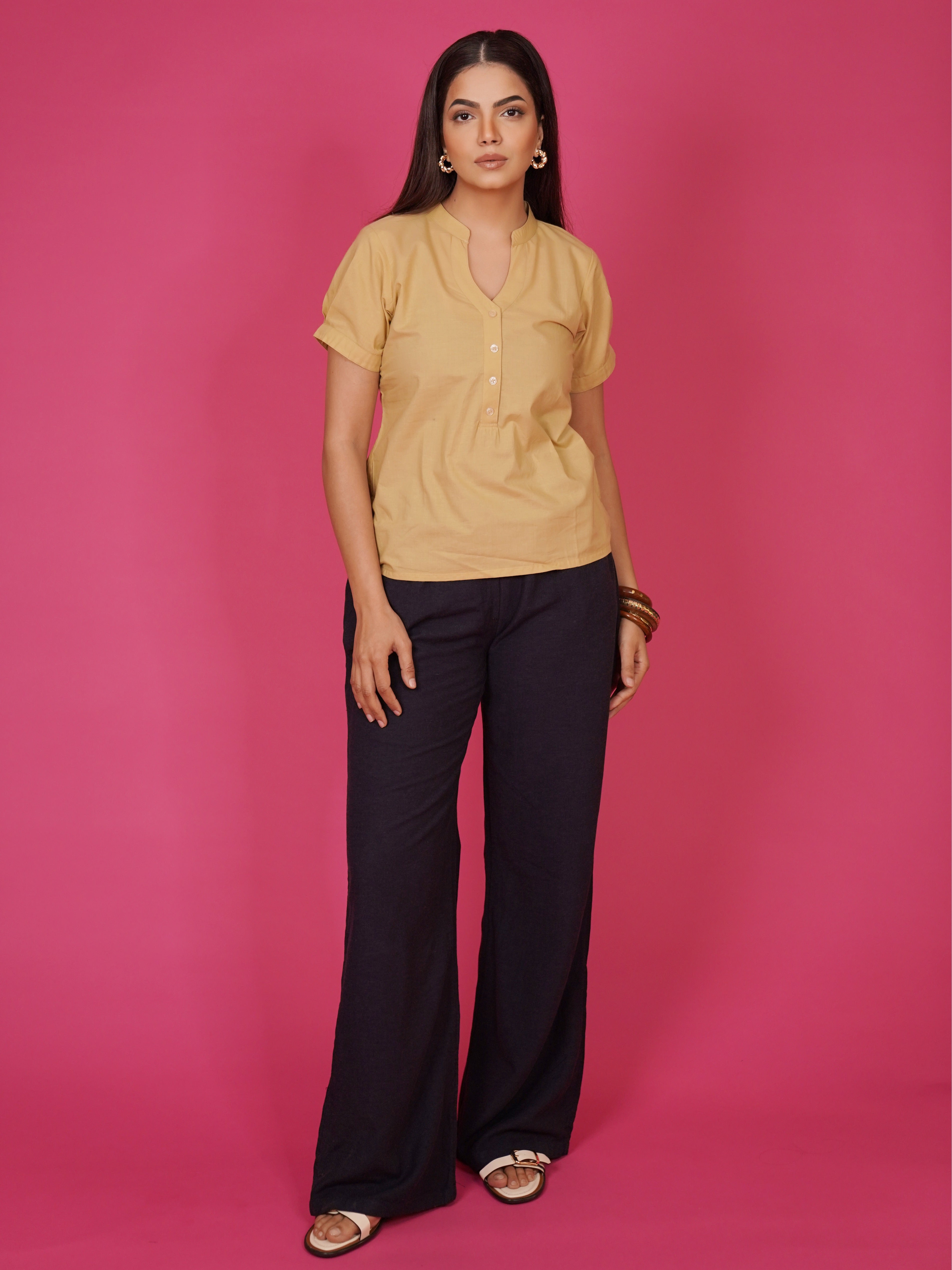 Navdana Beige Buttoned V Neck Cotton Top – Rana