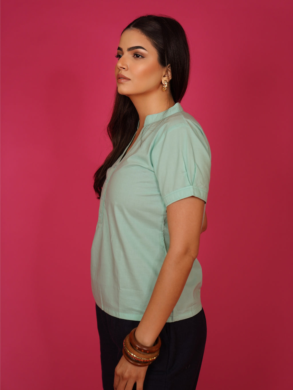Navdana Green Buttoned V Neck Cotton Top – Lana