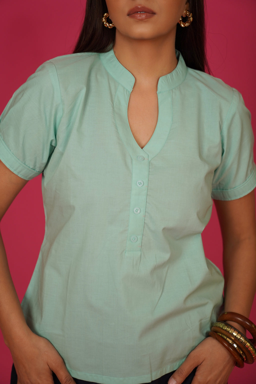 Navdana Green Buttoned V Neck Cotton Top – Lana