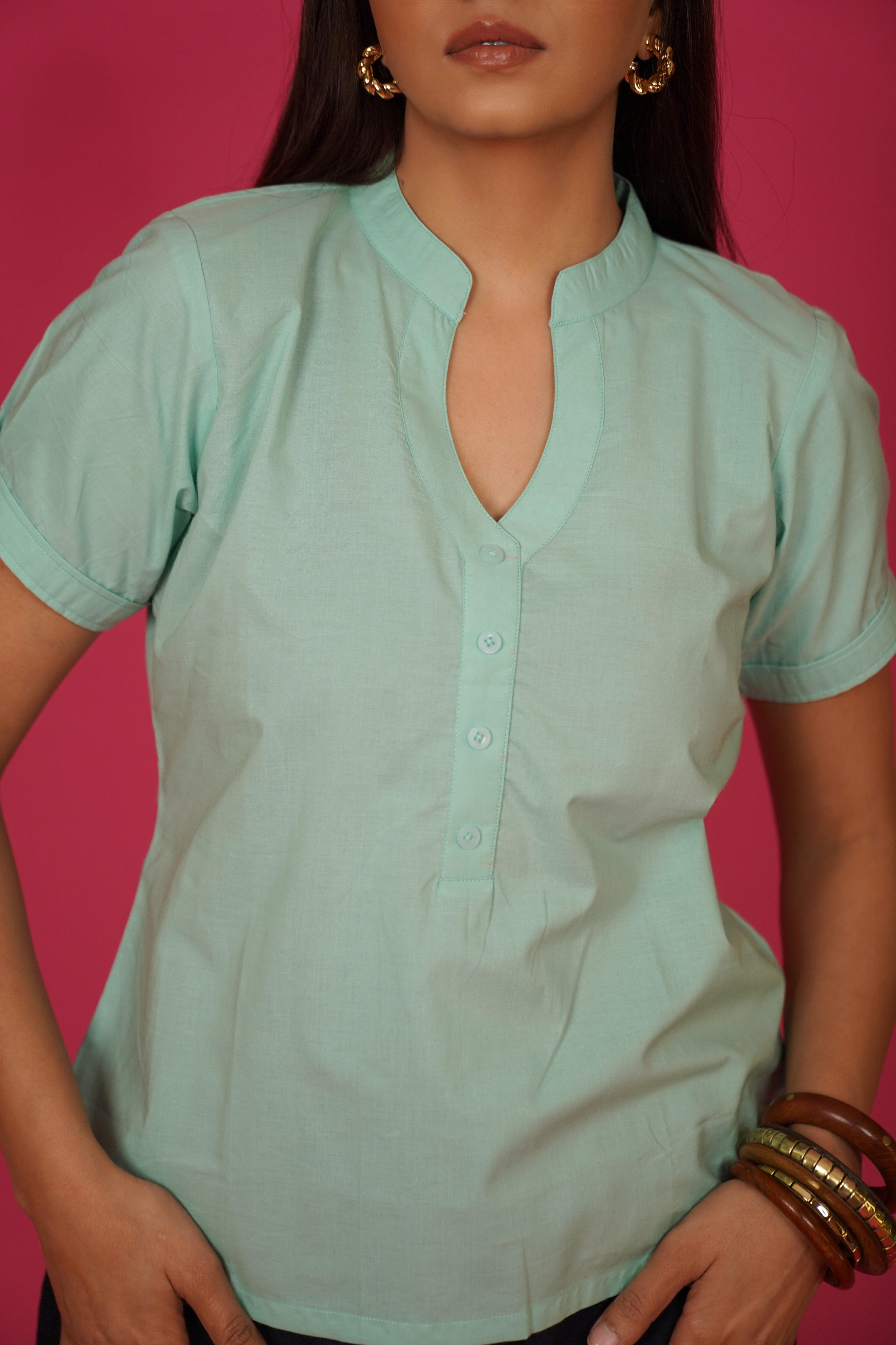 Navdana Green Buttoned V Neck Cotton Top – Lana