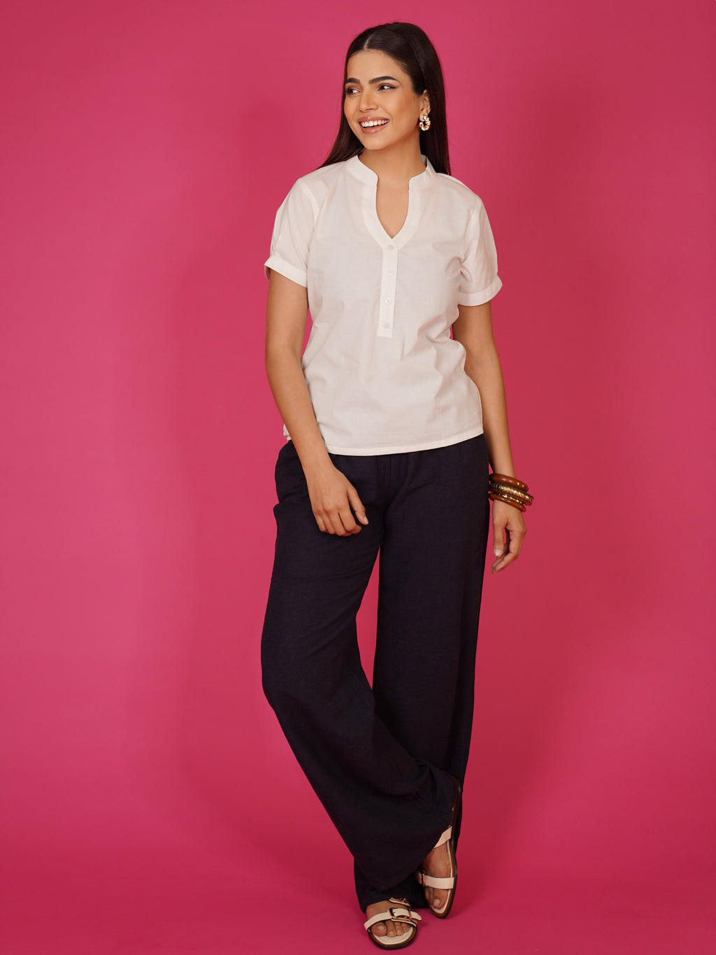 Navdana White Buttoned V Neck Cotton Top – Sana