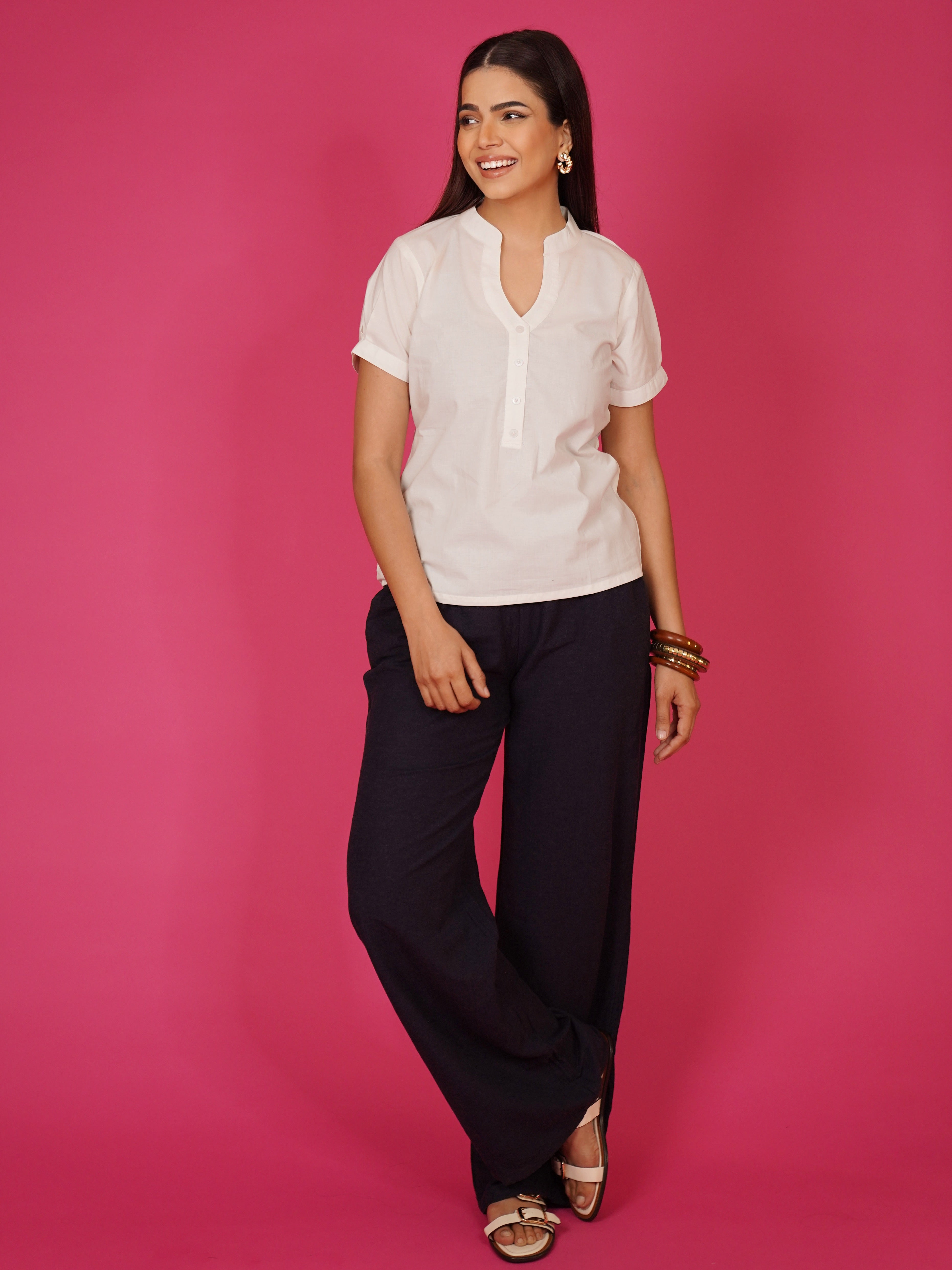 Navdana White Buttoned V Neck Cotton Top – Sana