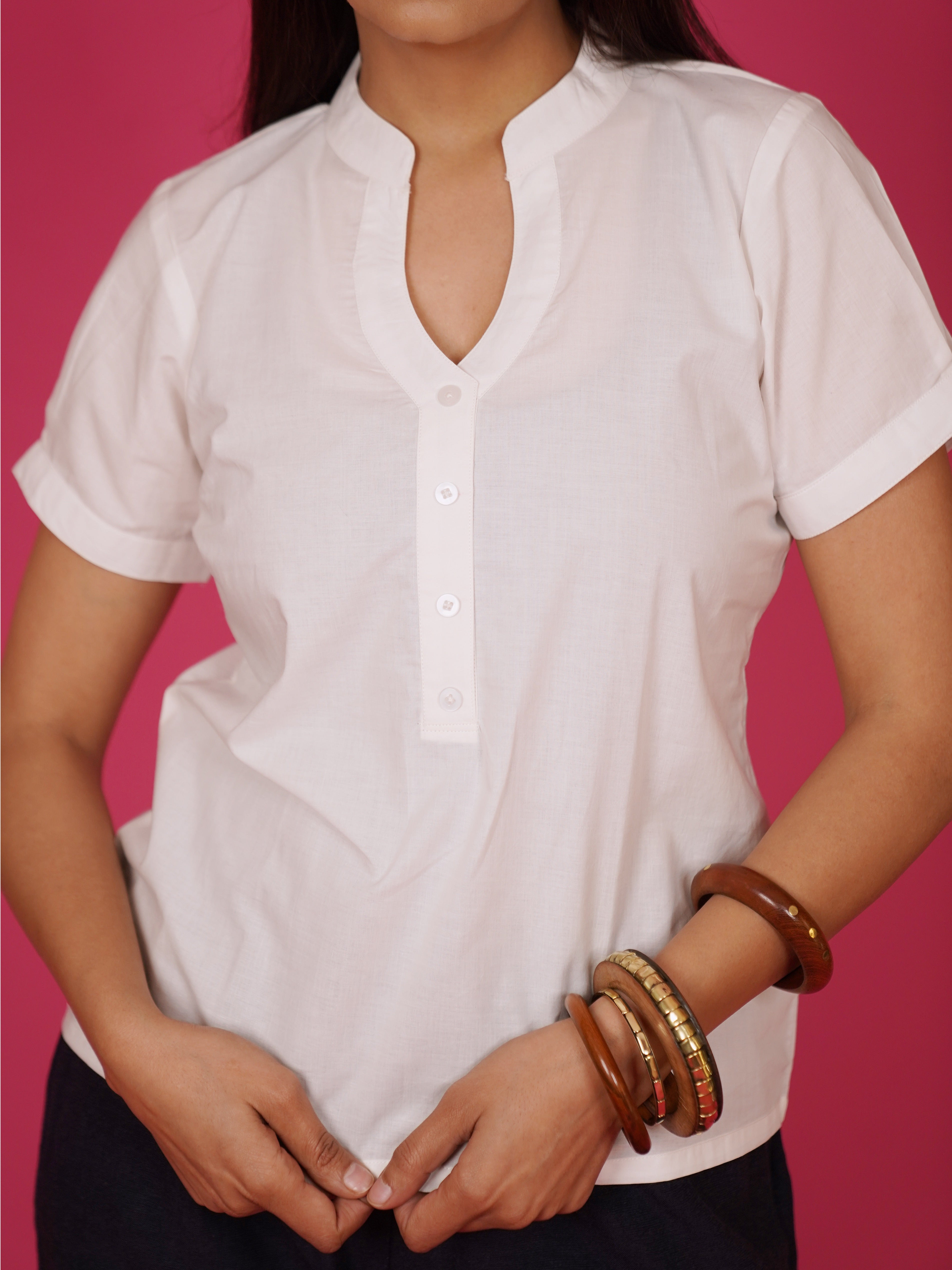 Navdana White Buttoned V Neck Cotton Top – Sana