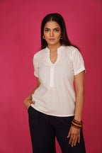 Navdana White Buttoned V Neck Cotton Top – Sana