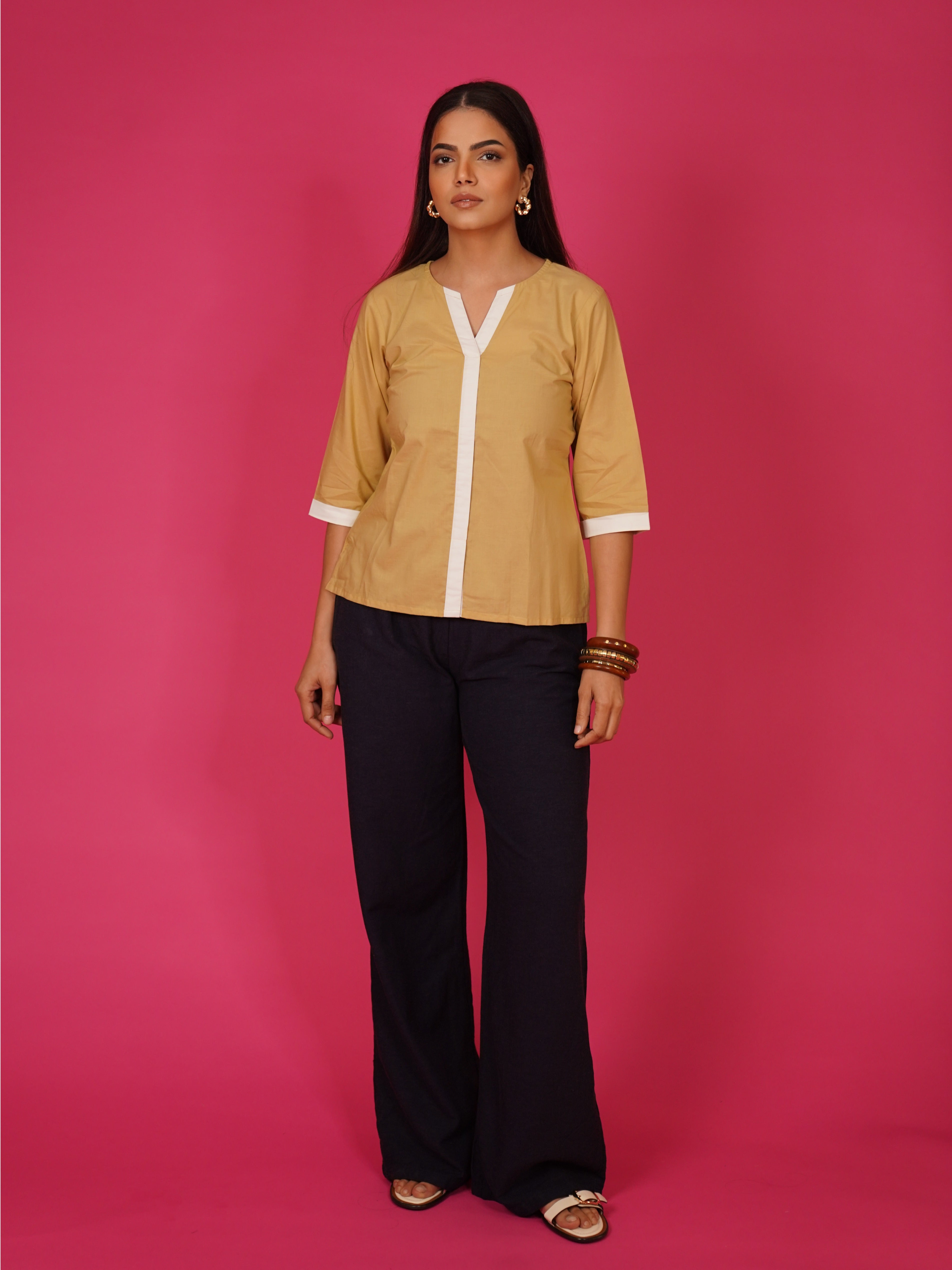 Navdana Beige V Neck Cotton Top – Rina