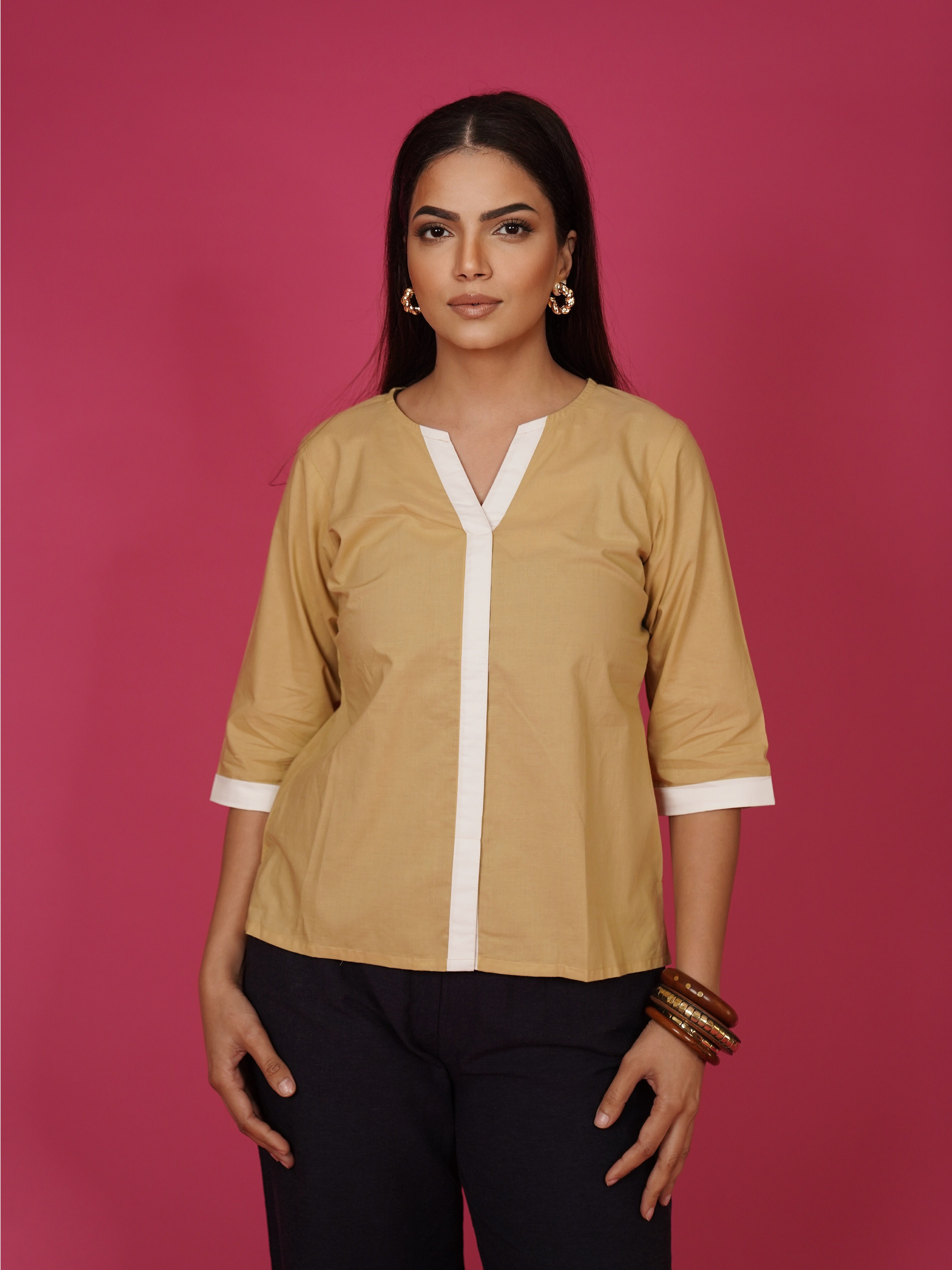 Navdana Beige V Neck Cotton Top – Rina