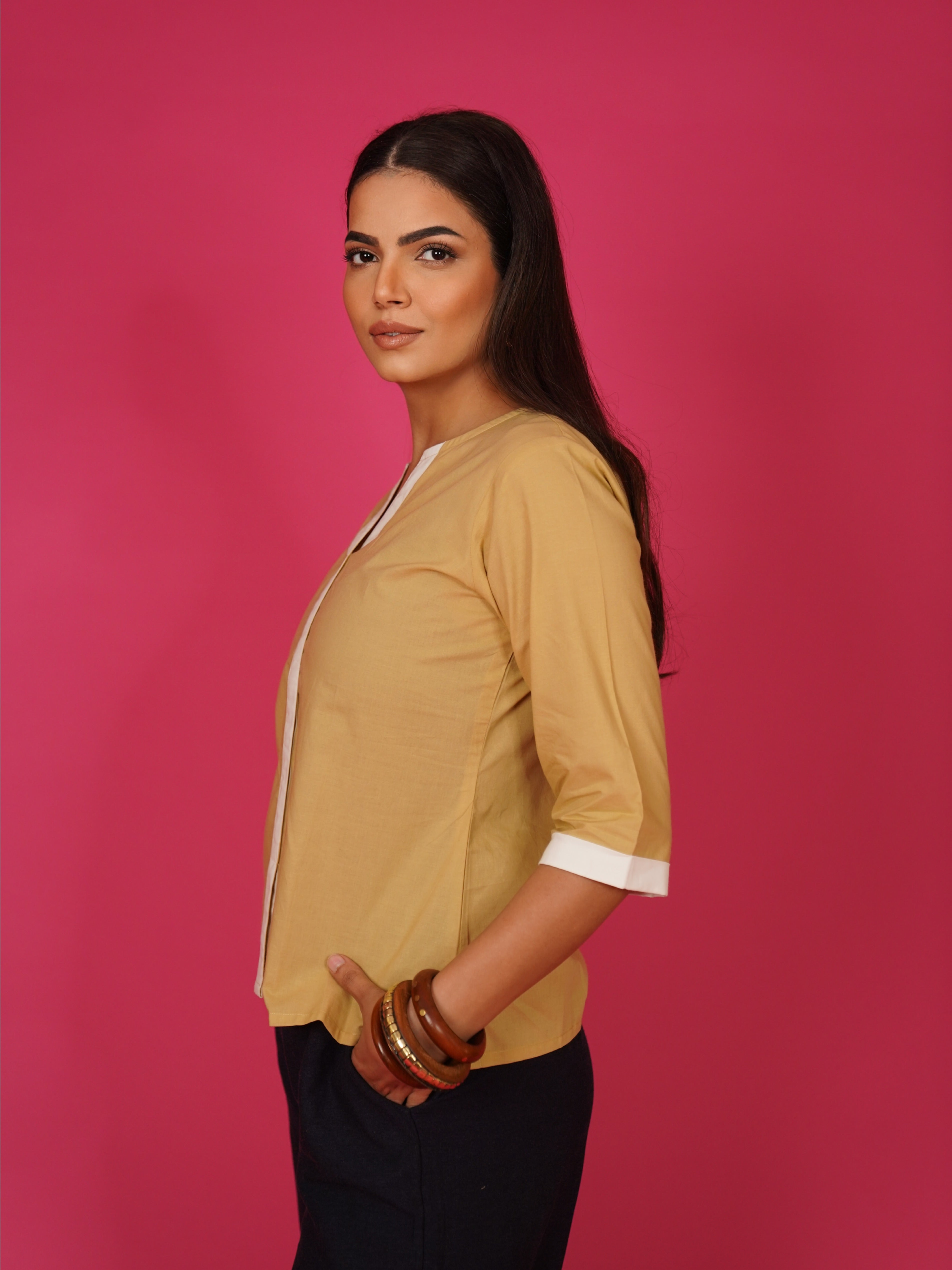Navdana Beige V Neck Cotton Top – Rina