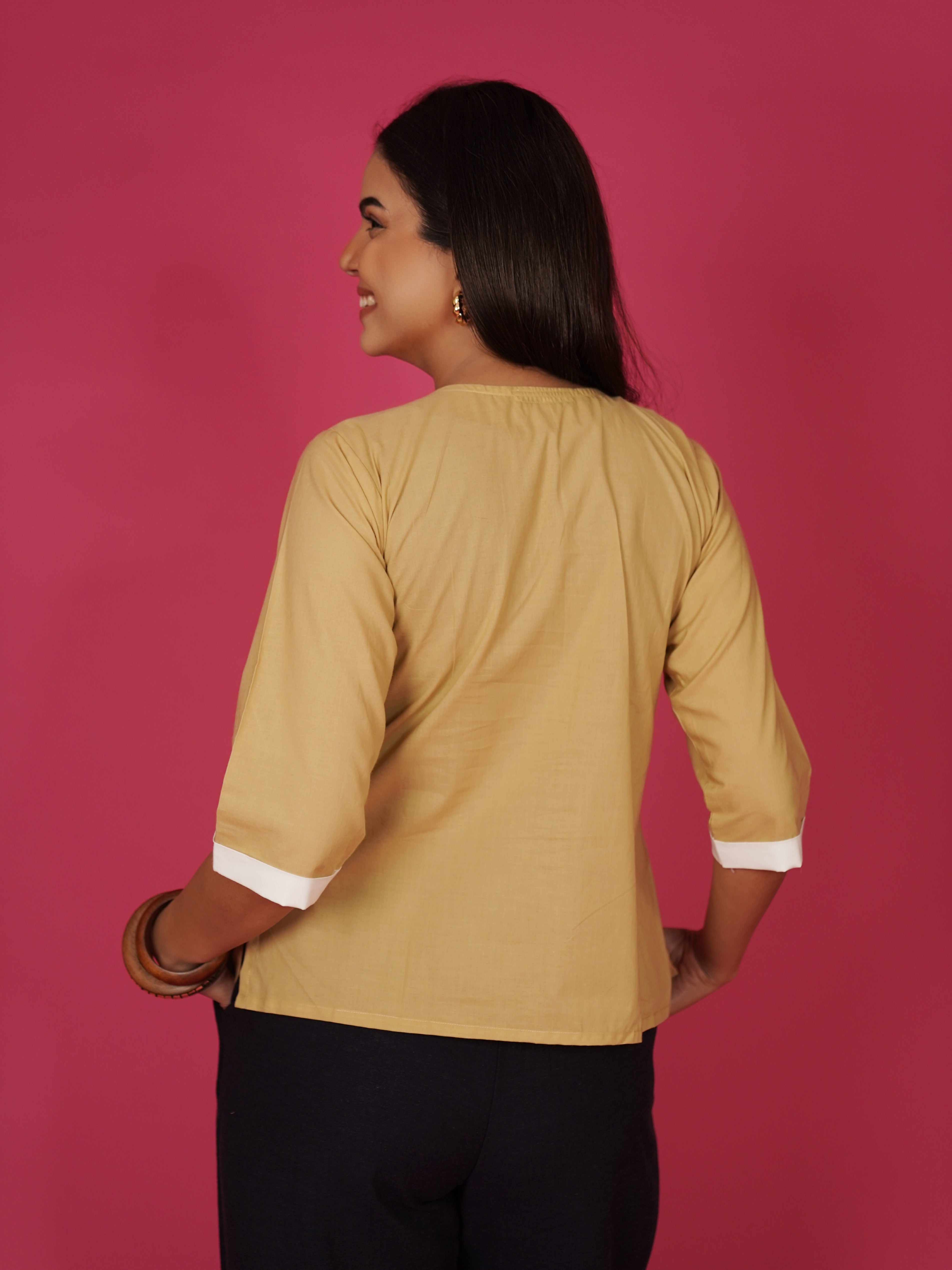 Navdana Beige V Neck Cotton Top – Rina