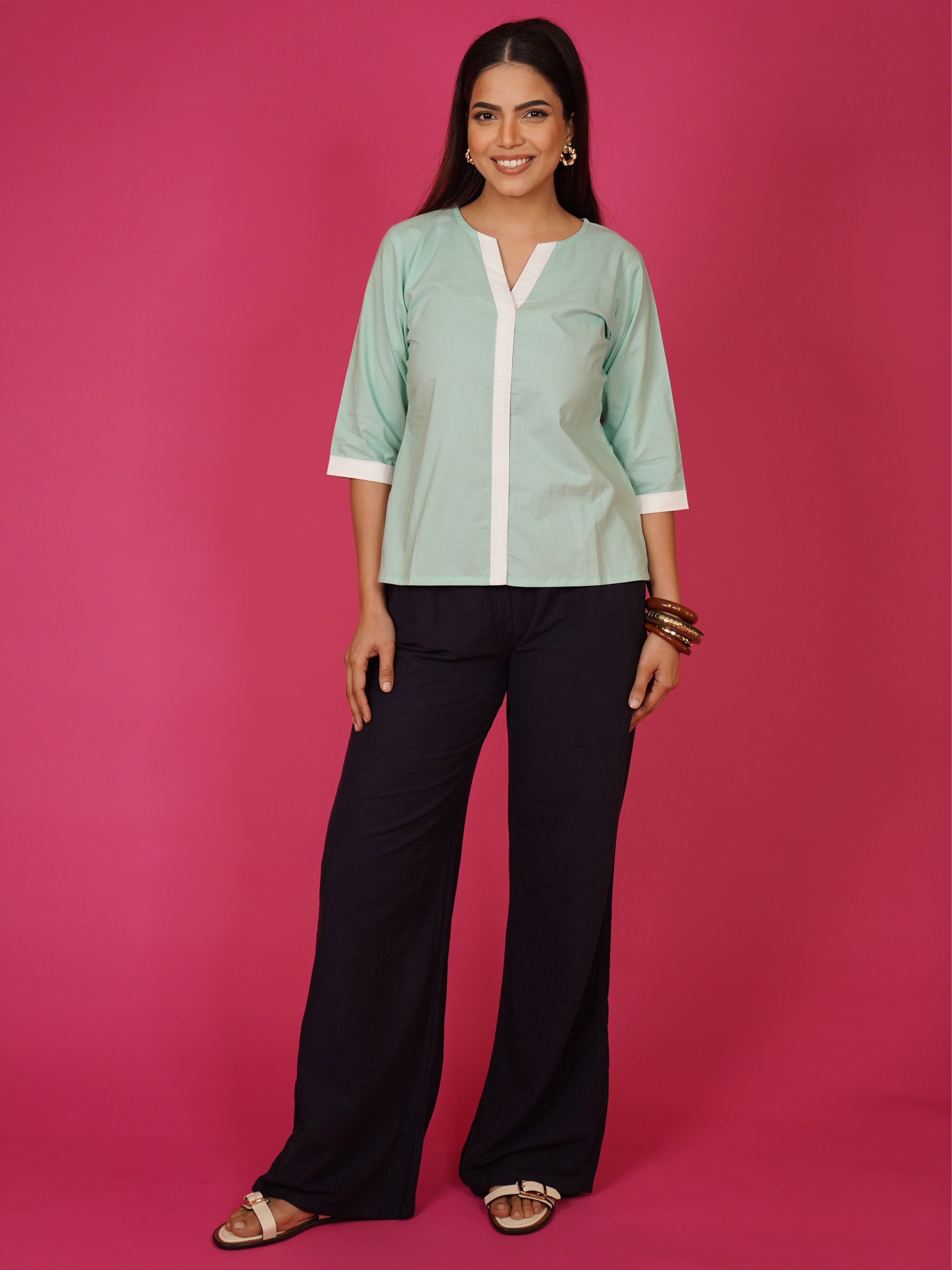 Navdana Green V Neck Cotton Top – Tina