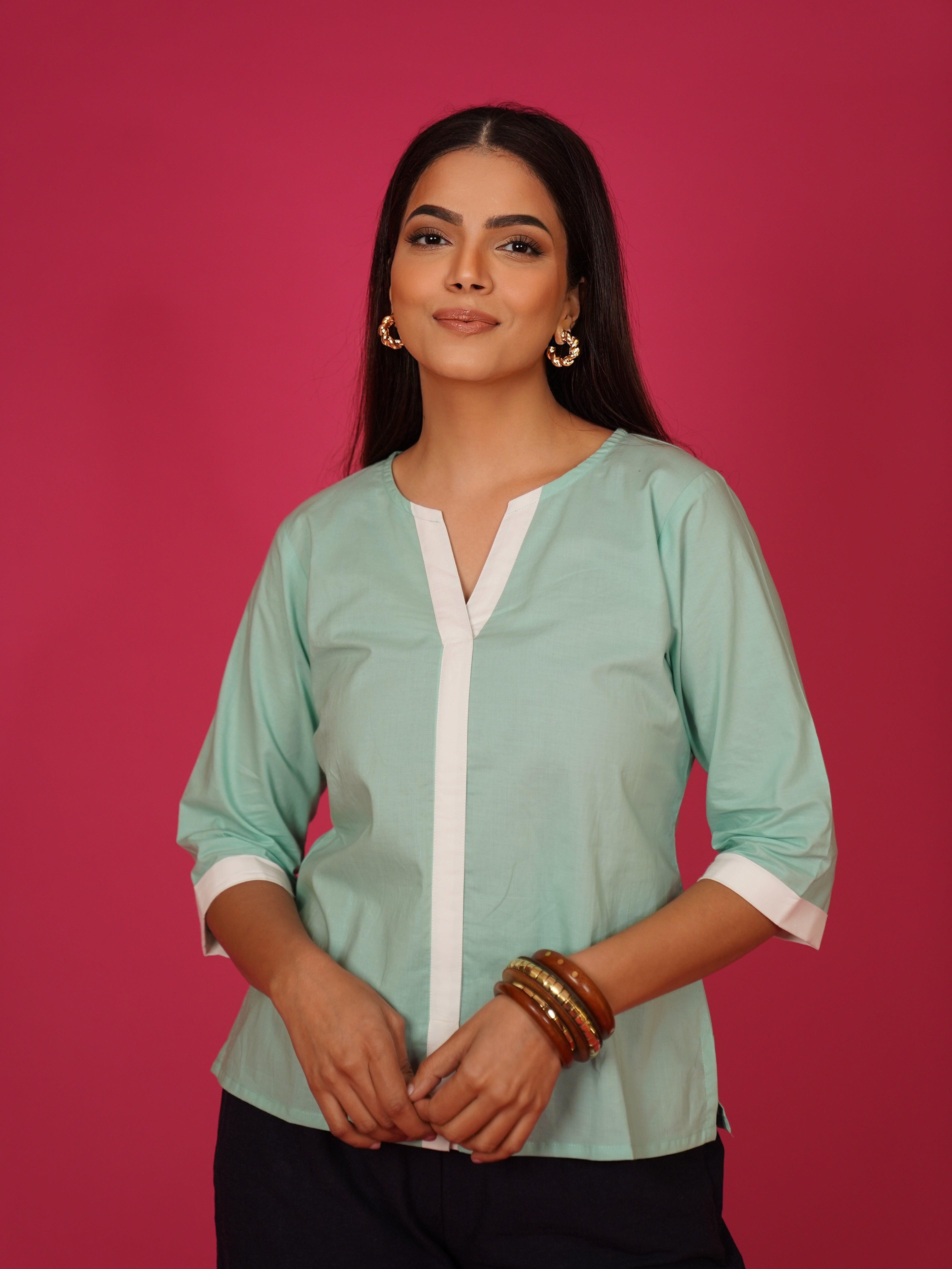 Navdana Green V Neck Cotton Top – Tina
