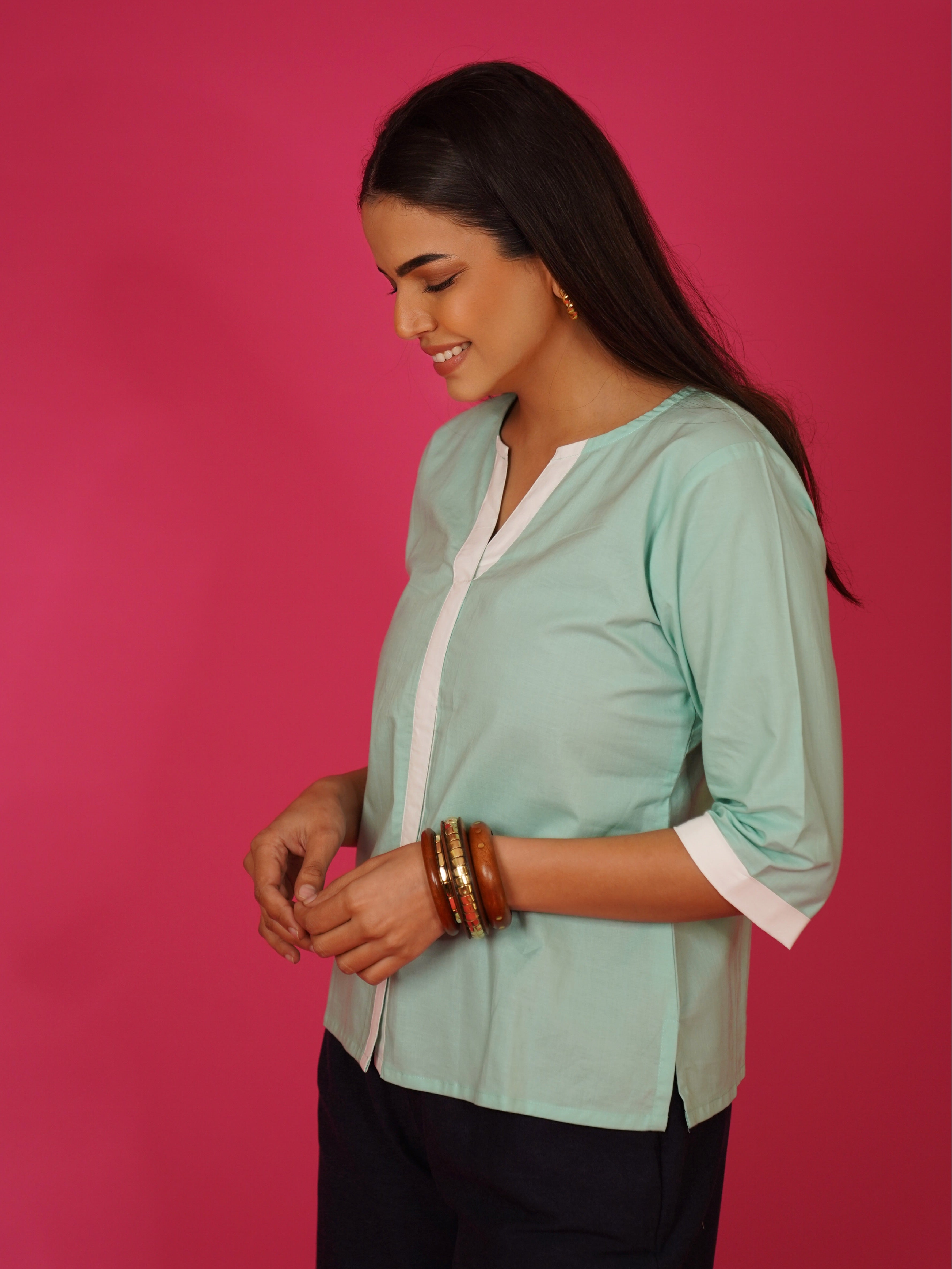 Navdana Green V Neck Cotton Top – Tina