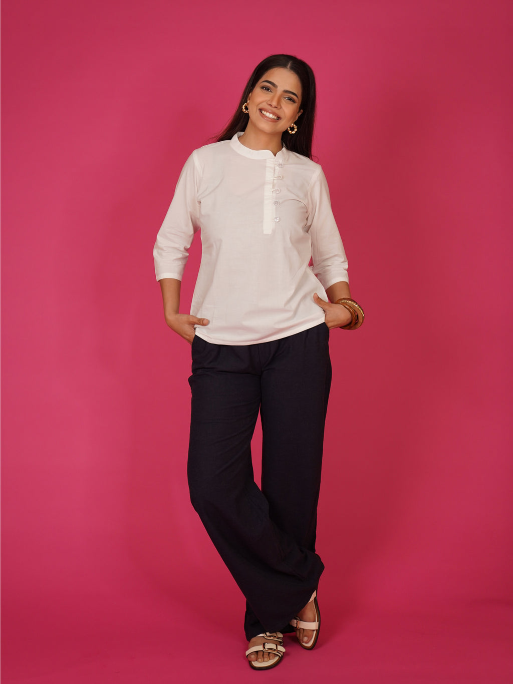 Navdana White Mandarin Collar Cotton Top – Nita