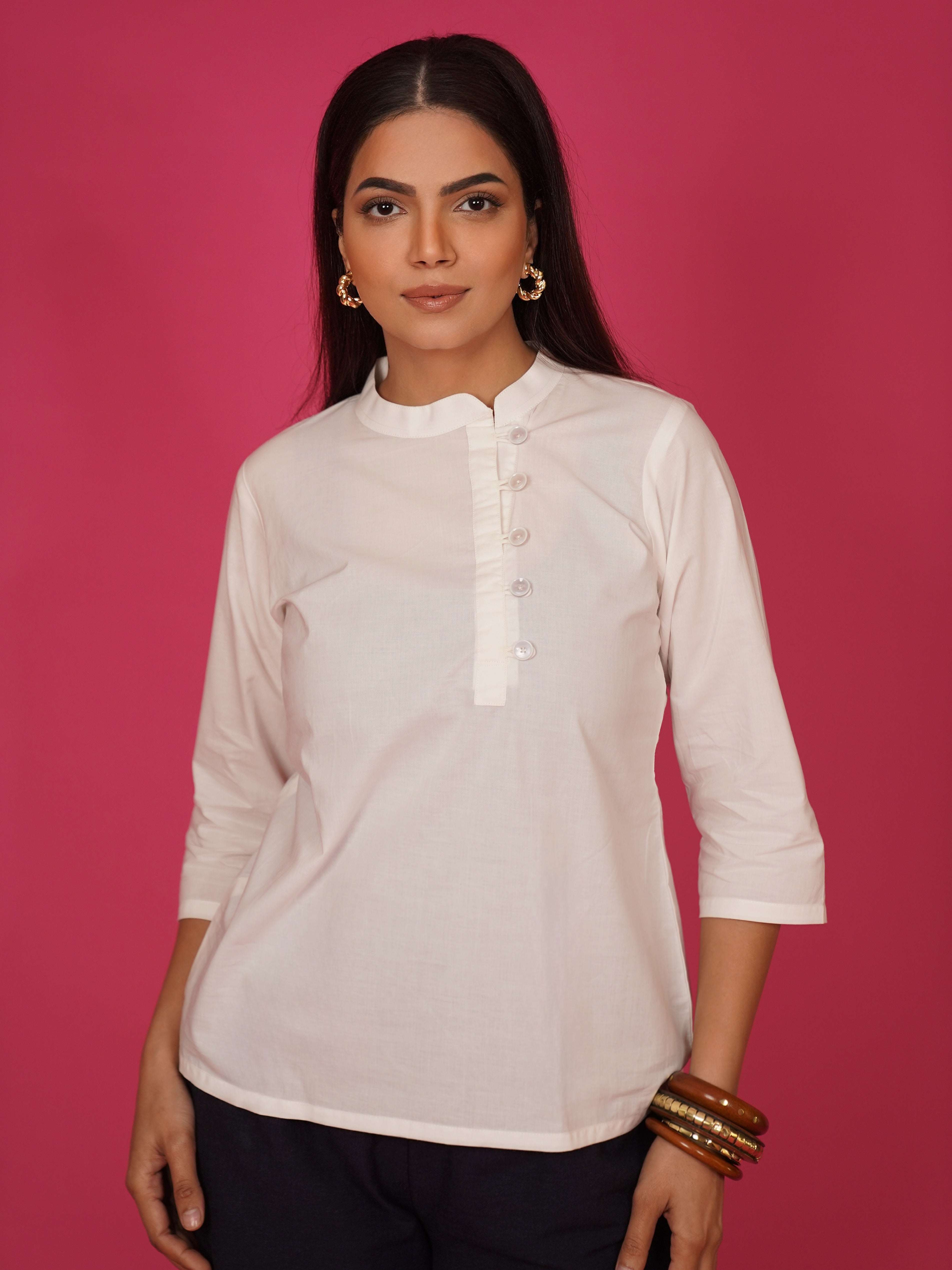 Navdana White Mandarin Collar Cotton Top – Nita