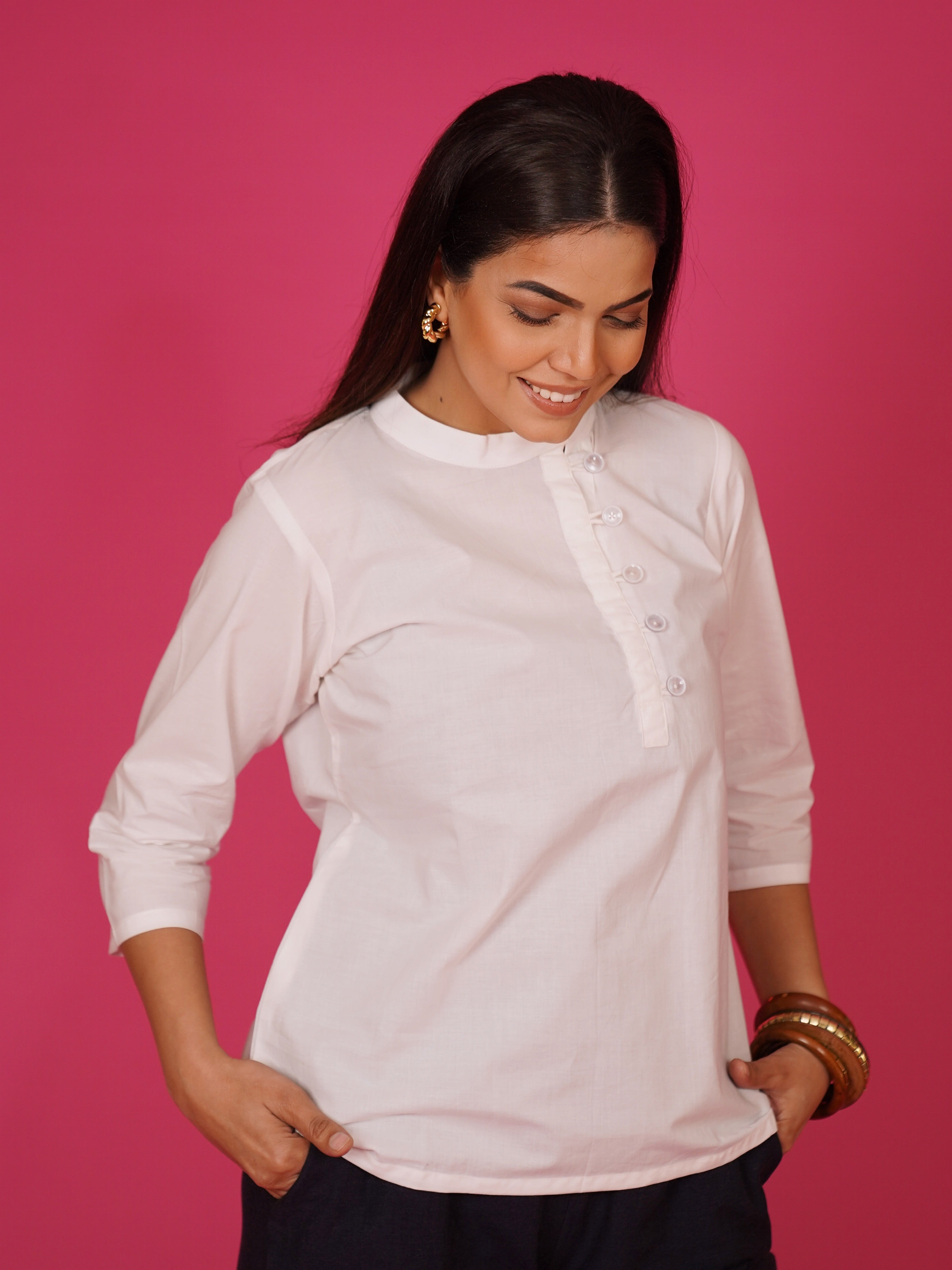 Navdana White Mandarin Collar Cotton Top – Nita