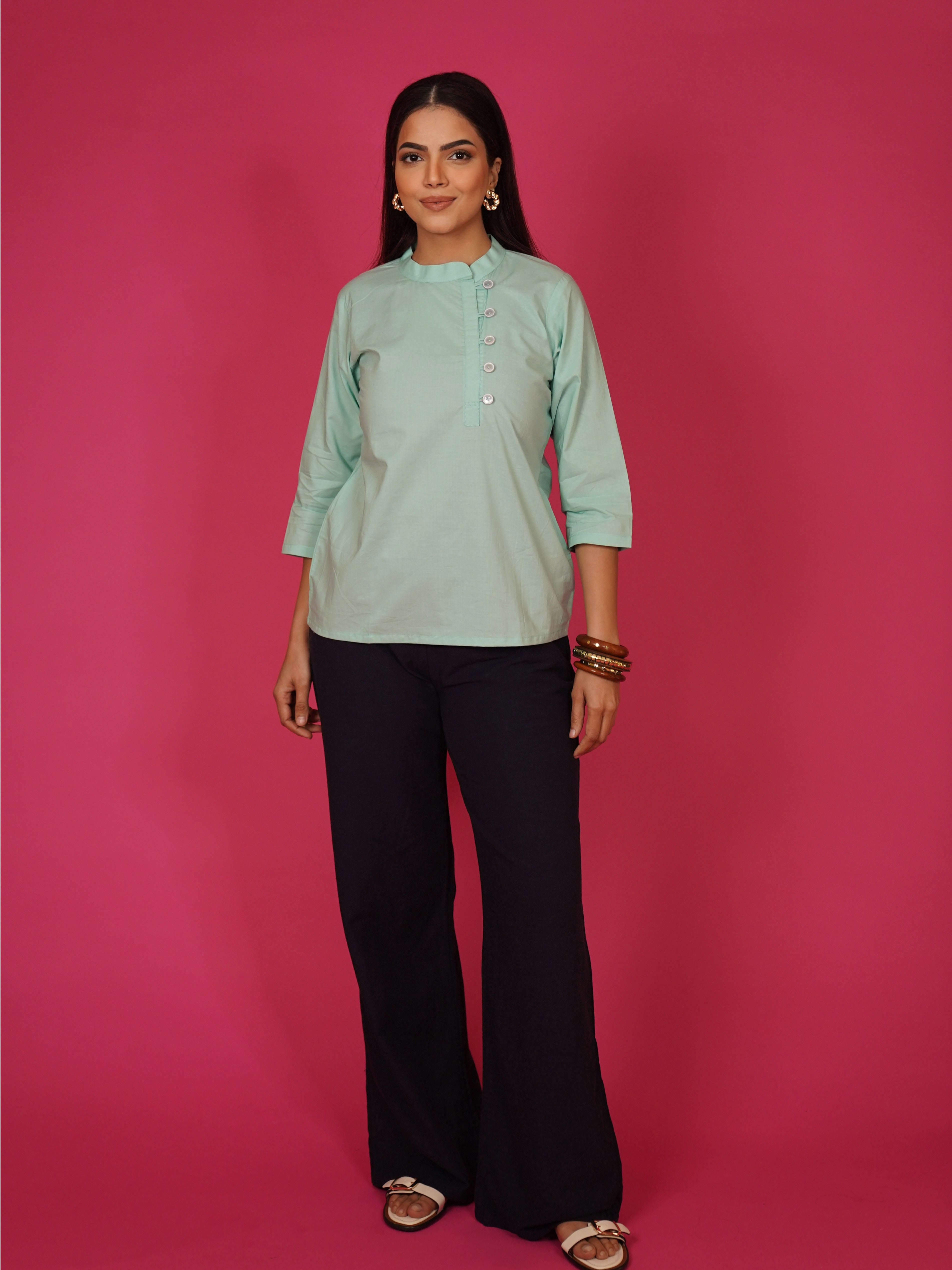 Navdana Green Mandarin Collar Cotton Top – Sita