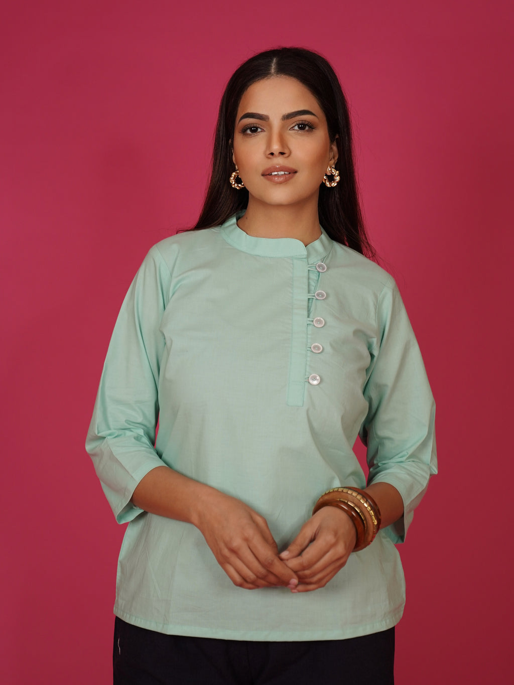 Navdana Green Mandarin Collar Cotton Top – Sita