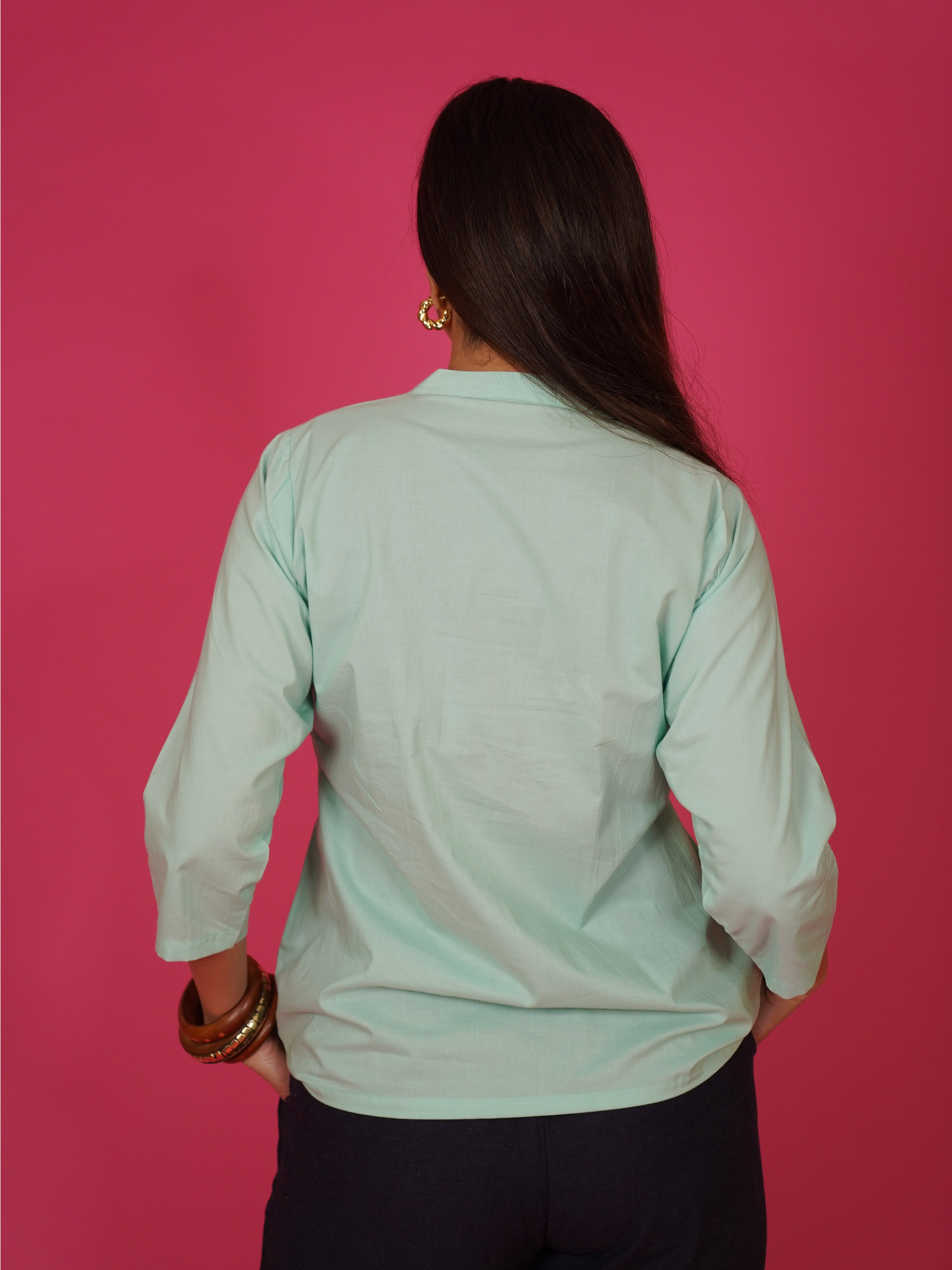 Navdana Green Mandarin Collar Cotton Top – Sita